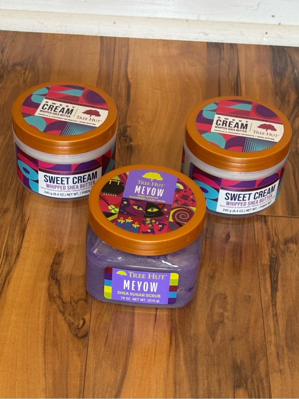 1 Tree Hut Shea Meyow Sugar Scrub & 2 Whipped Shea Butter Beauty Body Lot